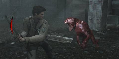 Silent Hill: Homecoming Alex Shepherd preparing to strike a mutant dog with a pipe