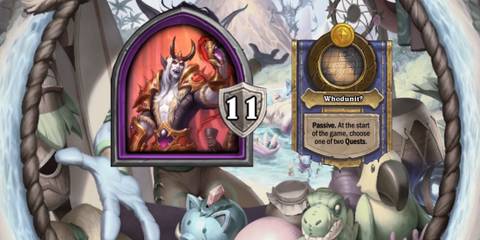 Sire Denathrius and his Hero Power from Hearthstone Battlegrounds on a beach themed background