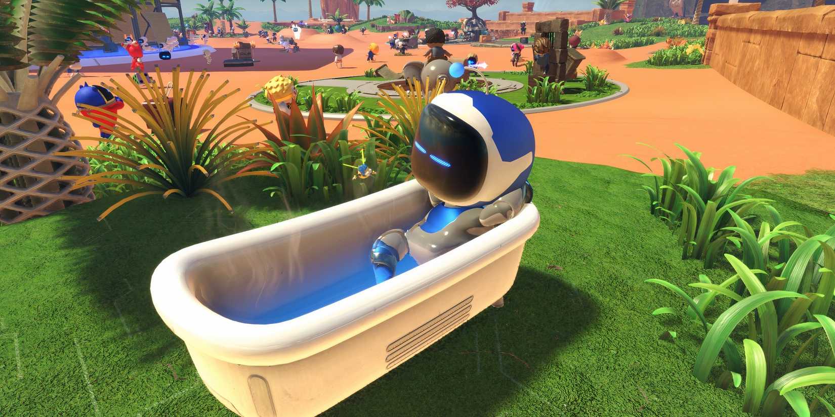 Sitting in a bathroom with Mr. Mosquito in Astro Bot