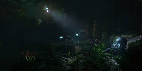 A submarine shining its light on the body of a deep sea diver in SOMA