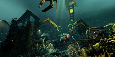 A submarine underwater exploring a mechanical wreckage in SOMA