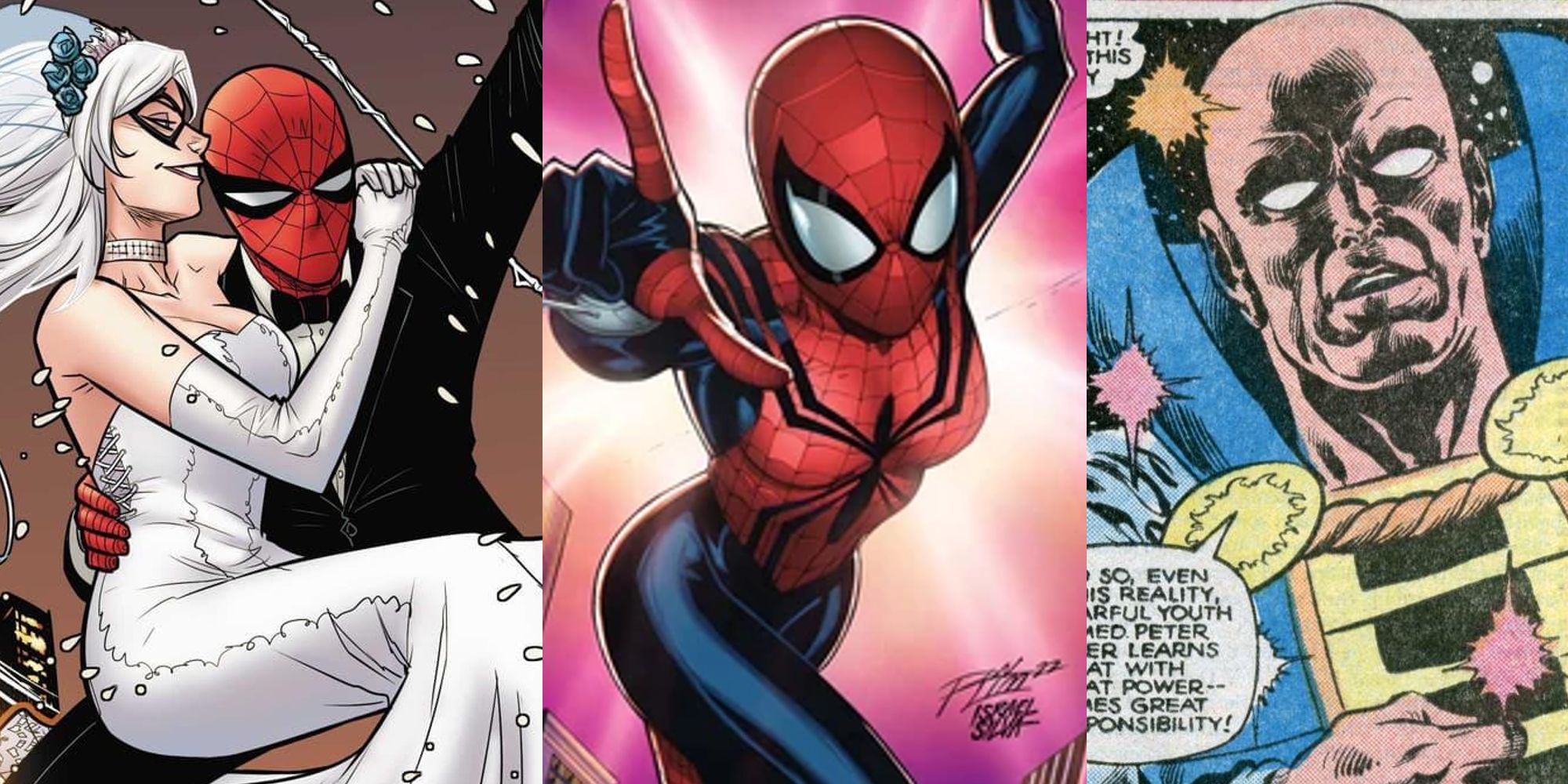 Black Cat and Spider-Man married; Spider-Girl in comic book cover; The Watcher