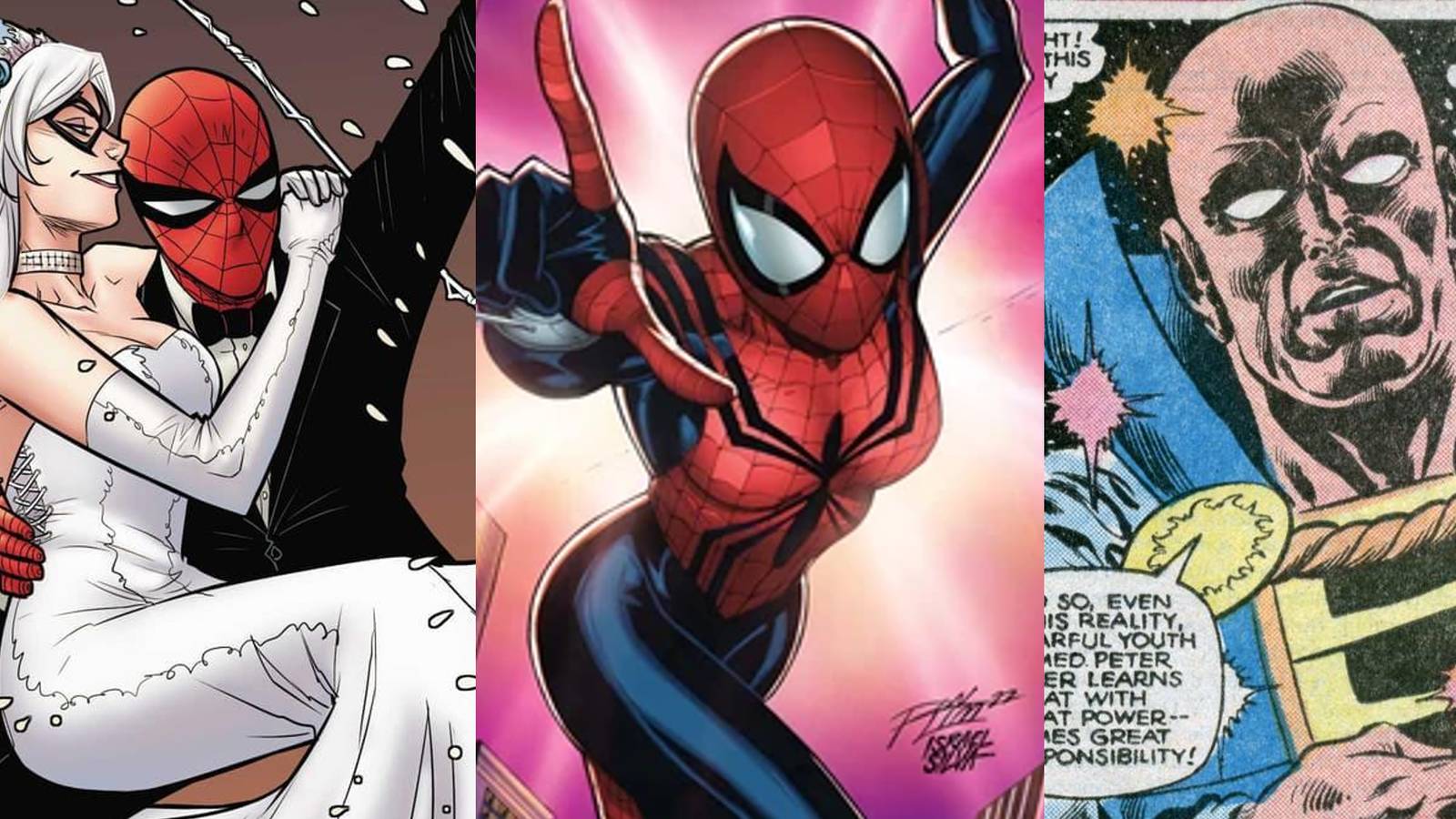 Black Cat and Spider-Man married; Spider-Girl in comic book cover; The Watcher