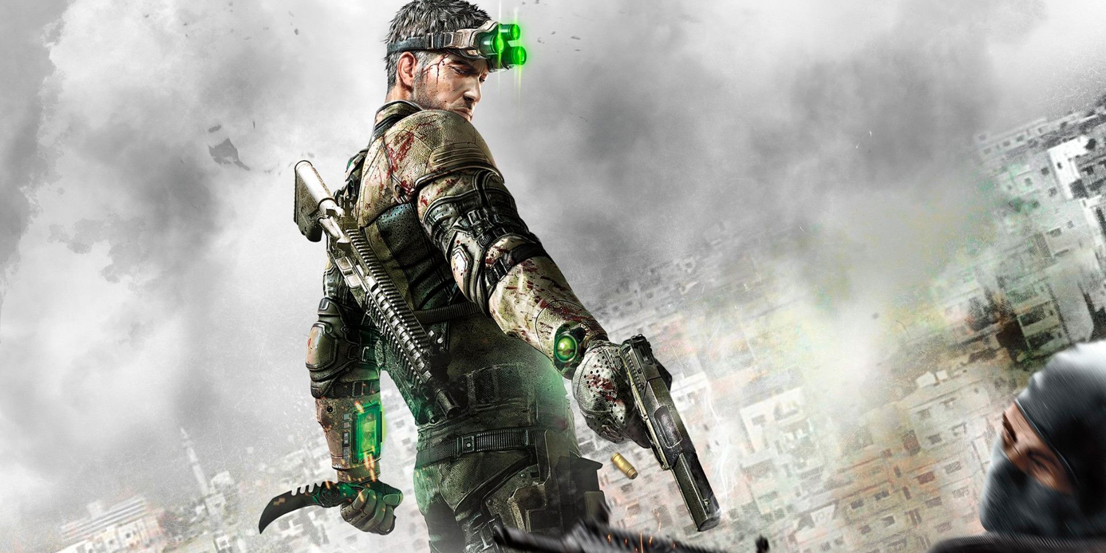 The main character from Splinter Cell Blacklist pointing a gun