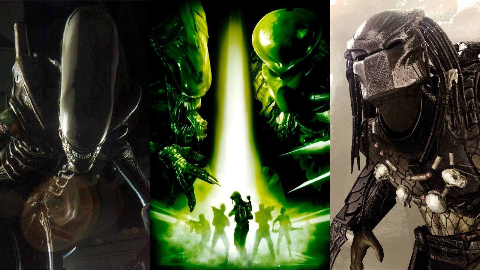 Split image of Alien Isolation, Aliens Versus Predator Extinction, and Aliens Versus Predator (2010)