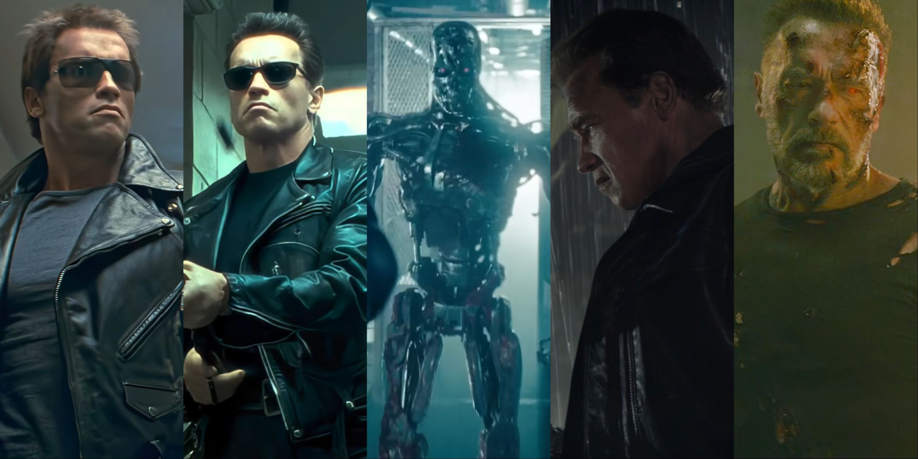 Split image of Arnold Schwarzenegger as the T-800 in various Terminator movies