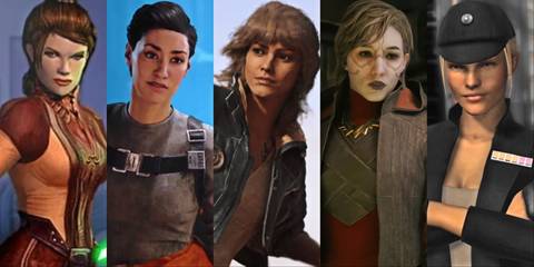 Split image of Bastile Shan, Iden Versio, Kay Vess, Nightsister Merrin, and Juno Eclipse