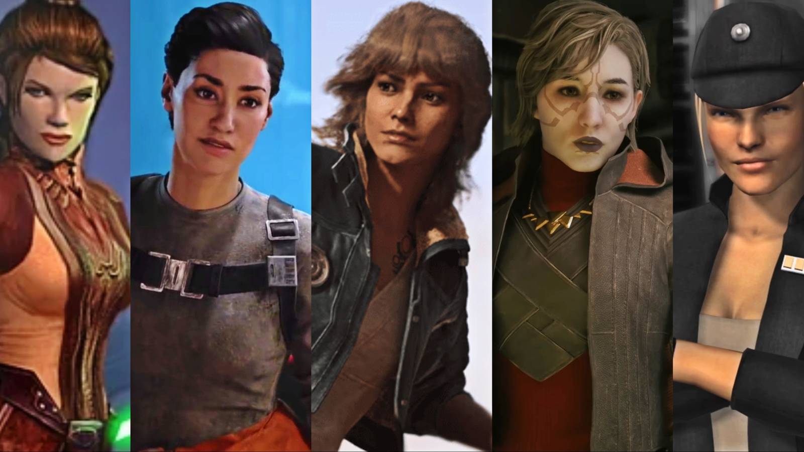 Split image of Bastile Shan, Iden Versio, Kay Vess, Nightsister Merrin, and Juno Eclipse