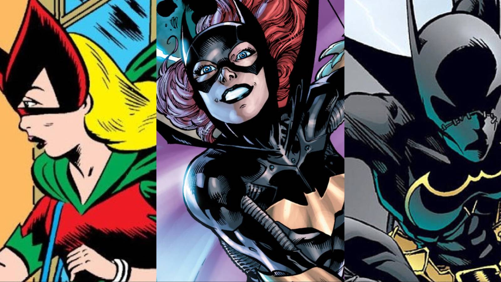Split image of Bette Kane, Barbara Gordon, and Cassandra Cain as Batgirk