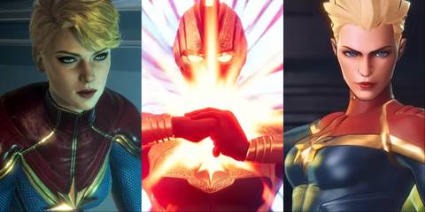 Split image of Captain Marvel in Marvel Future Revolution, Marvel's Midnight Suns, and Marvel Ultimate Alliance 3