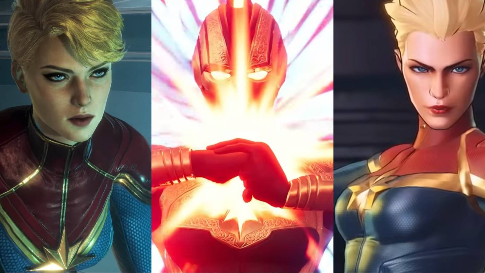 Split image of Captain Marvel in Marvel Future Revolution, Marvel's Midnight Suns, and Marvel Ultimate Alliance 3