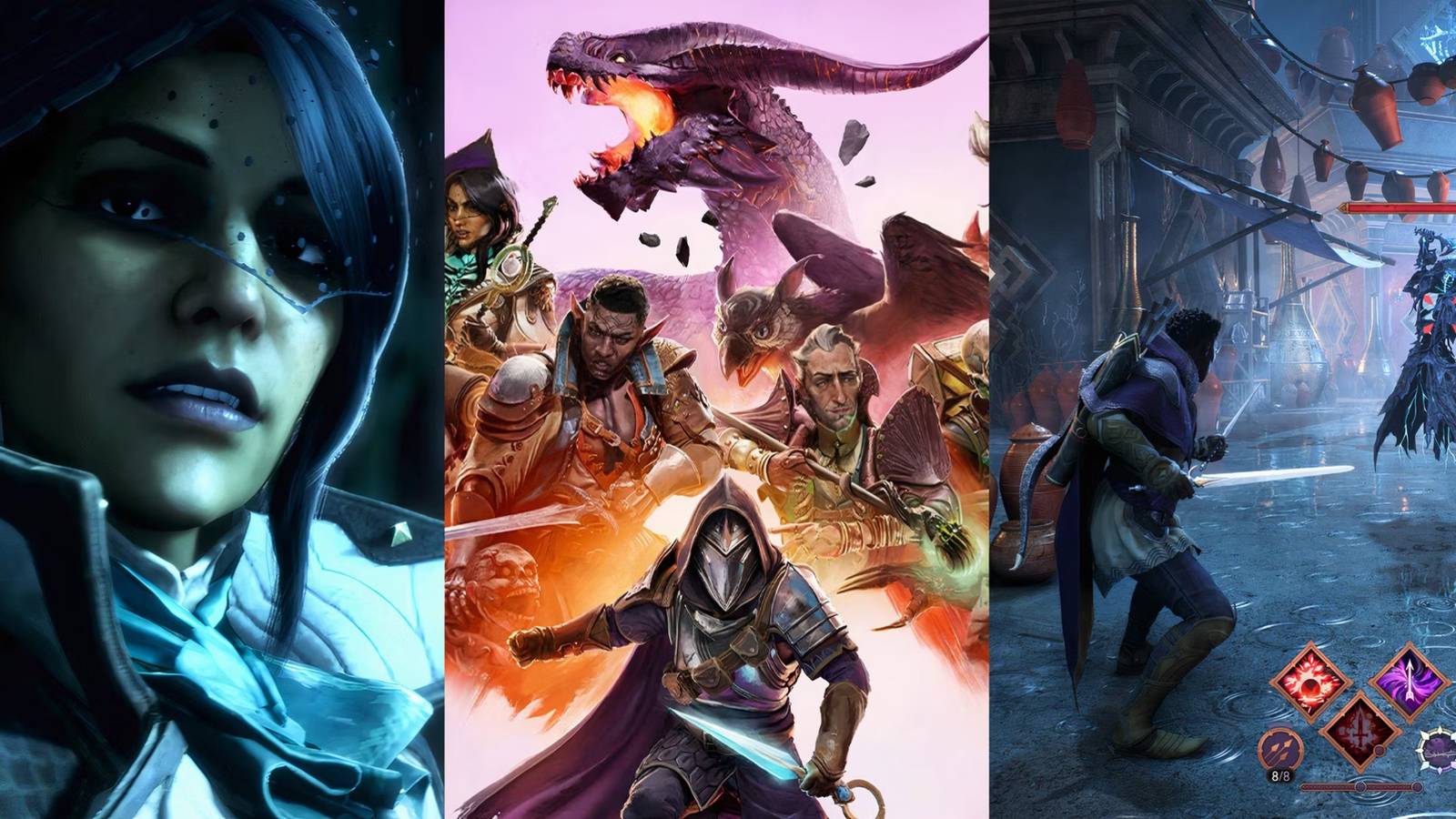 Split image of Dragon Age_ The Veilguard's game logo, combat, and companion