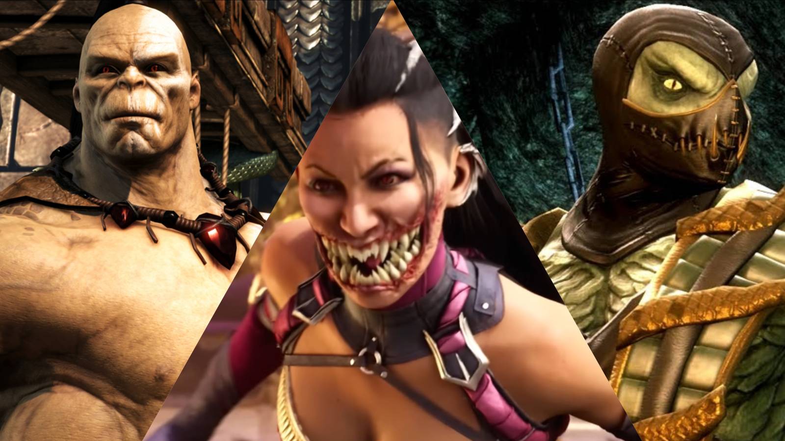 Split image of Goro, Mileena, and Reptile