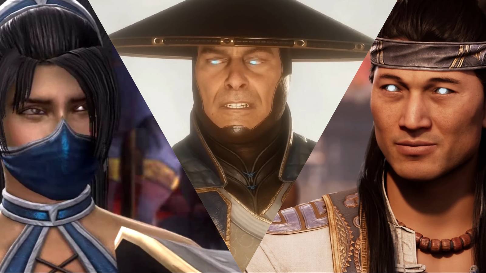 Split image of Kitana, Raiden, and Lord Liu Kang in Mortal Kombat games
