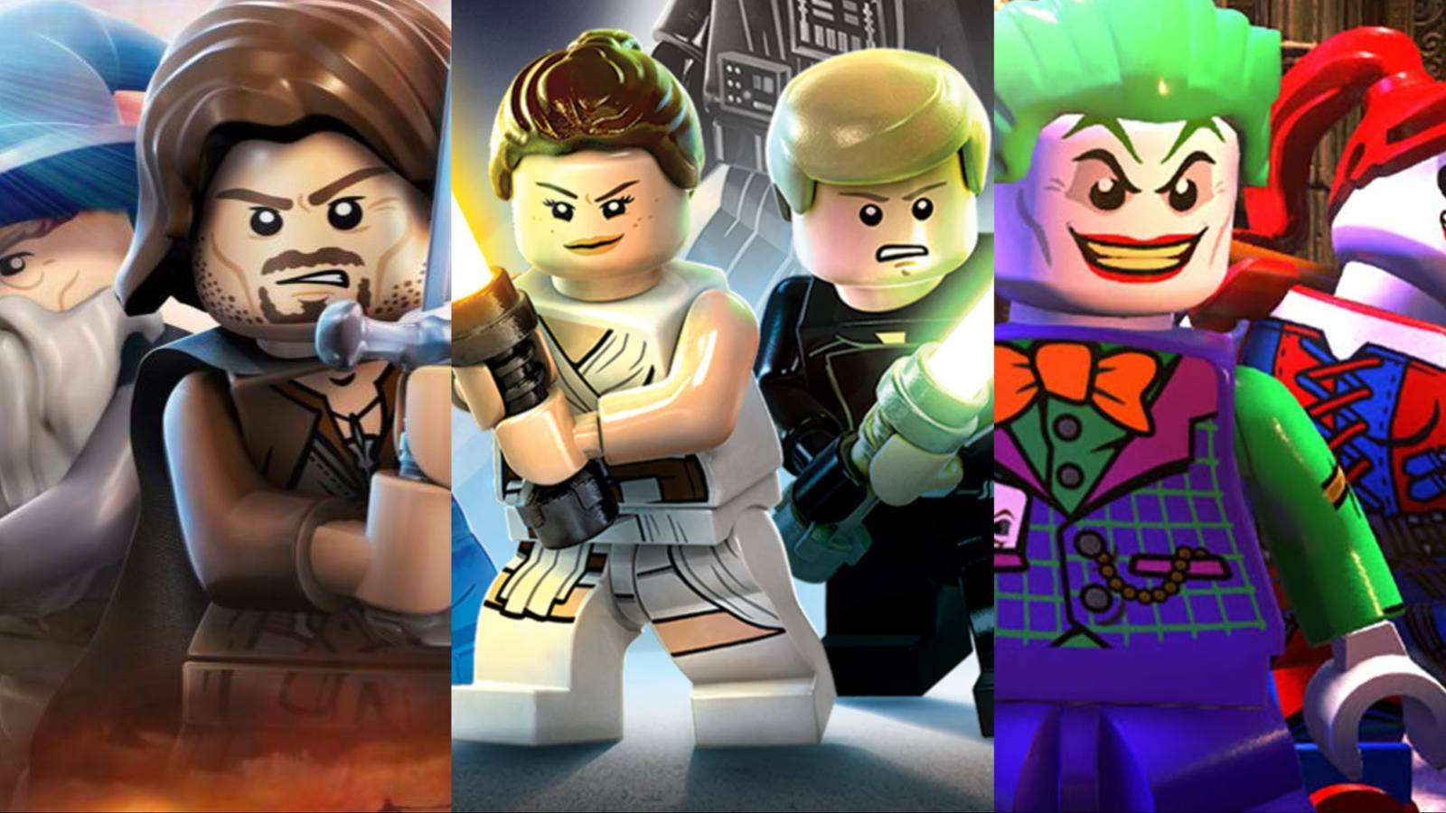 Split image of LEGO The Lord Of The Rings, LEGO Star Wars The Skywalker Saga, and LEGO DC Super-Villains