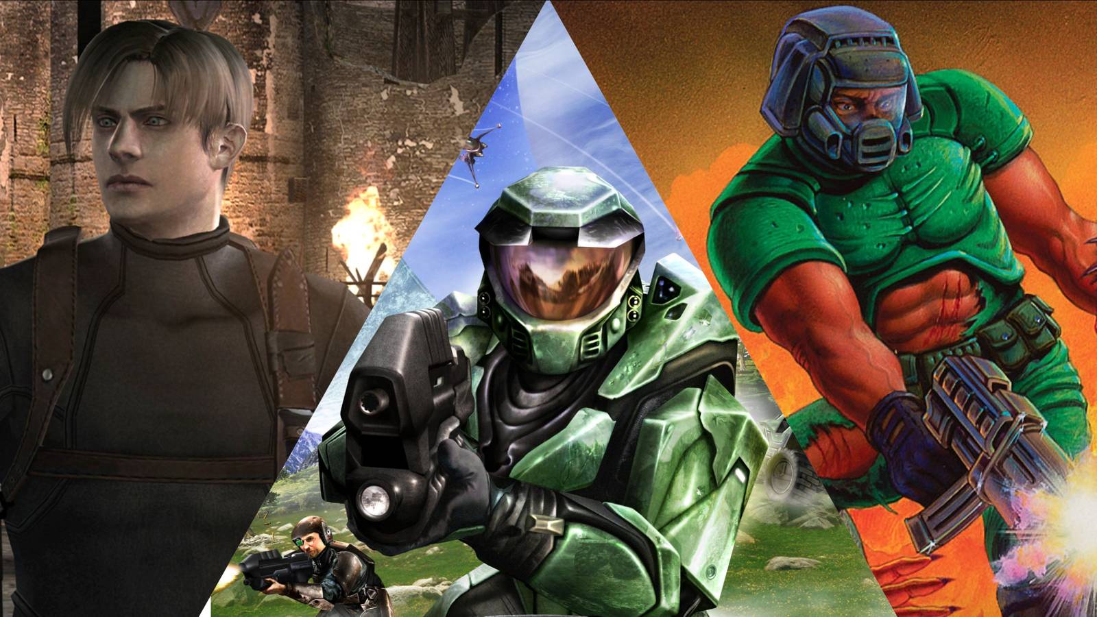 Split image of Resident Evil 4, Halo Combat Evolved, and Doom
