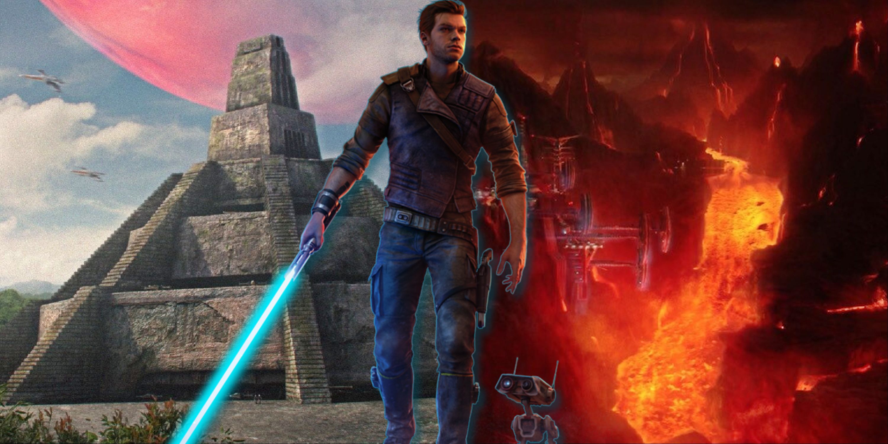 Split image of Yavin 4, Mustafar, and Cal Kestis