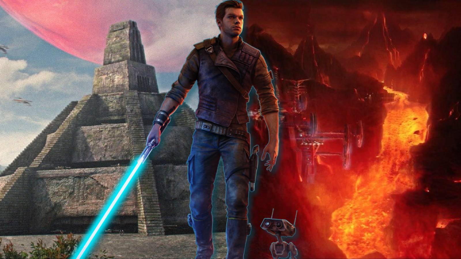 Split image of Yavin 4, Mustafar, and Cal Kestis