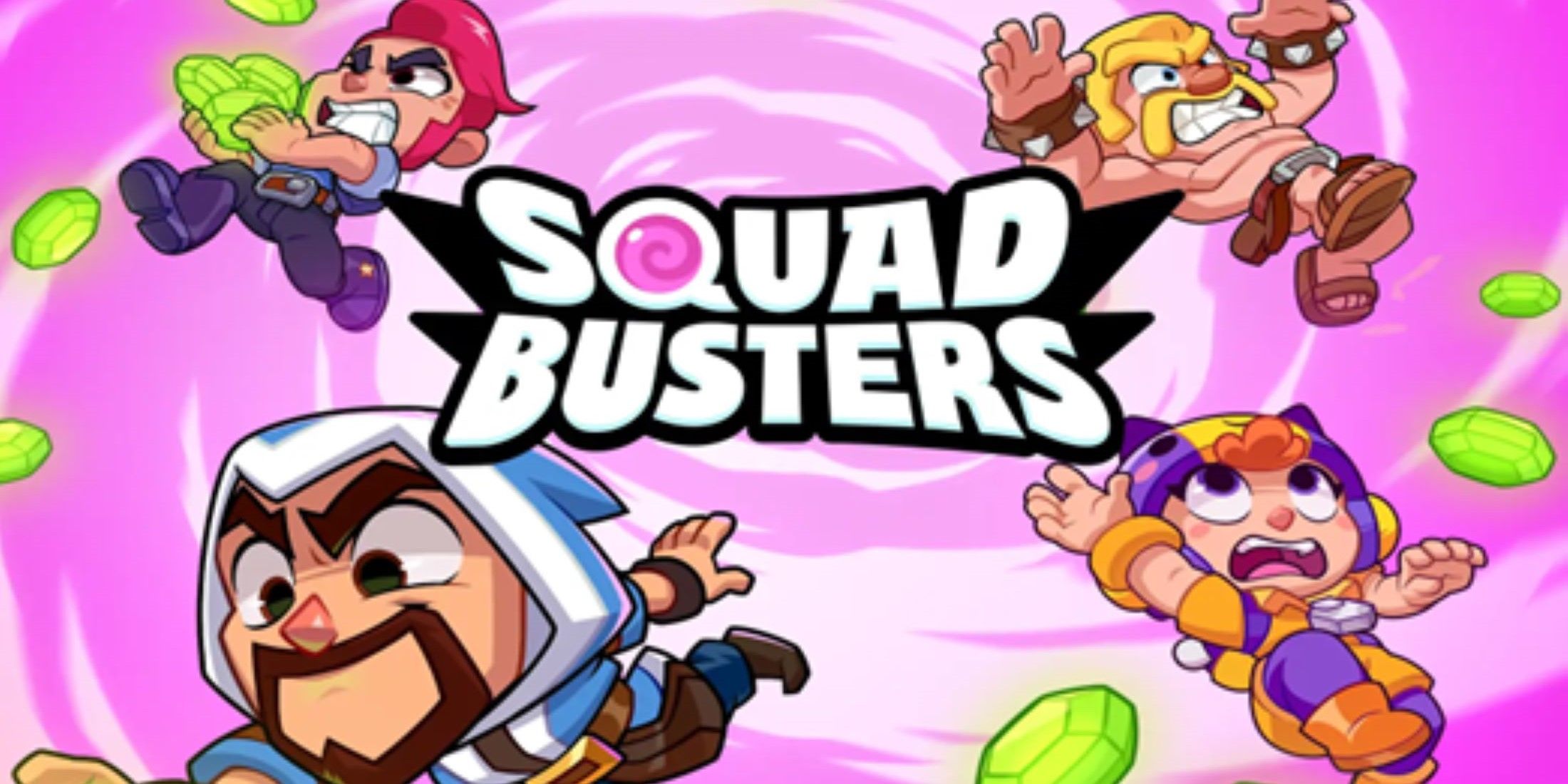 The Wizard, Barbarian, Colt and Bea from Squad Busters grabbing green gems while floating on a purple background