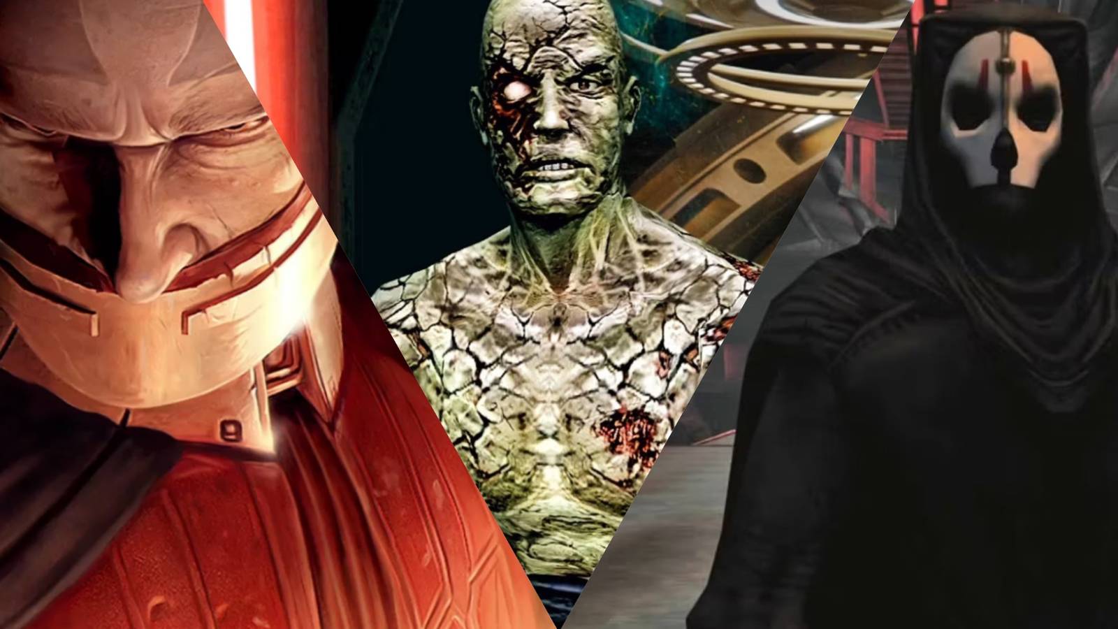 Star Wars Villains Who Debuted In Video Games. Left to right: Darth Malak, Darth Sion, Darth Nihilus