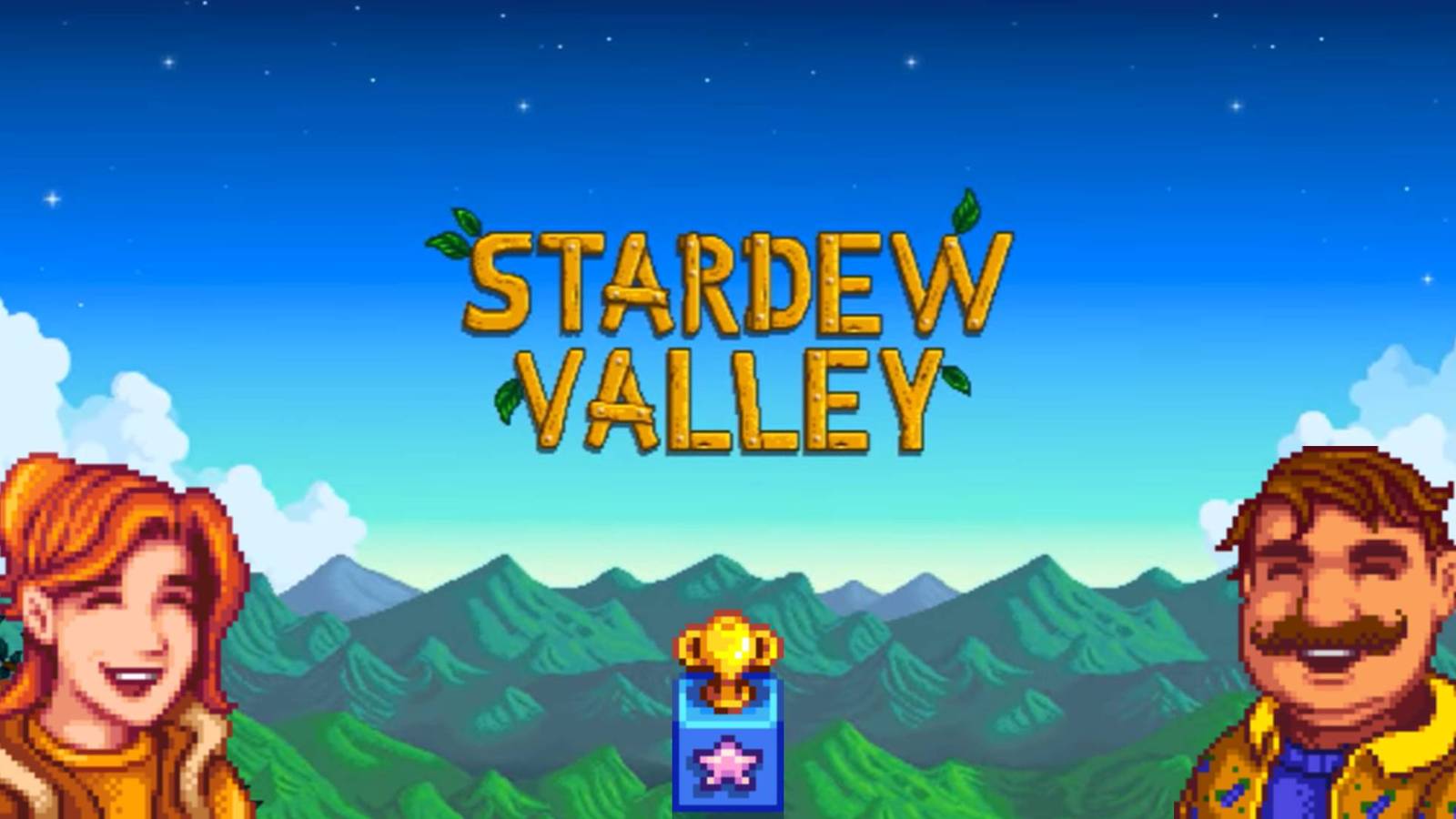 Robin, Gus, and the Stardew Hero Trophy with the title card from Stardew Valley's trailer