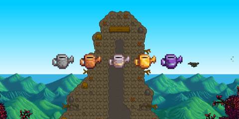 The watering can and its upgrades in front of the Summit from Stardew Valley