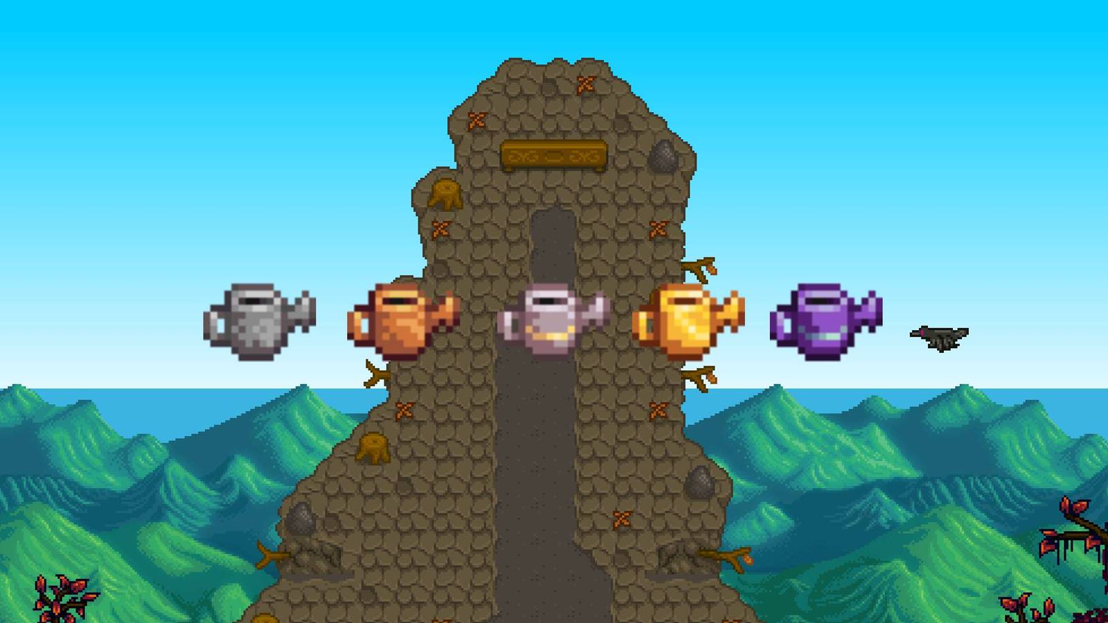 The watering can and its upgrades in front of the Summit from Stardew Valley