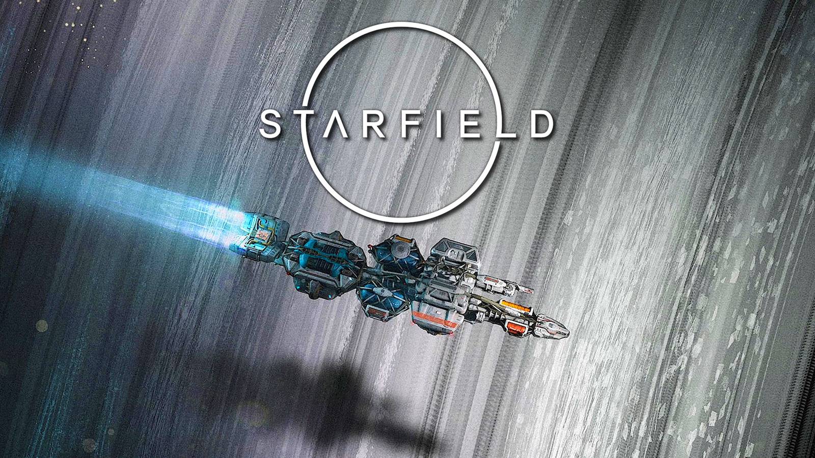 Starfield ship concept art overlaid with logo