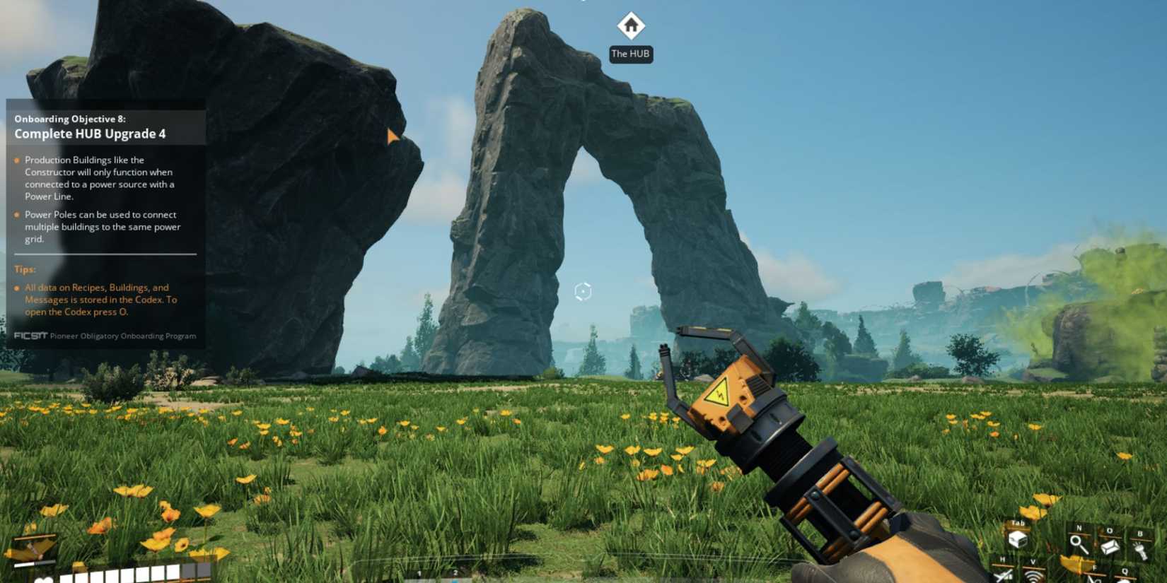 starting area by the stone archway in satisfactory's grassy plains world