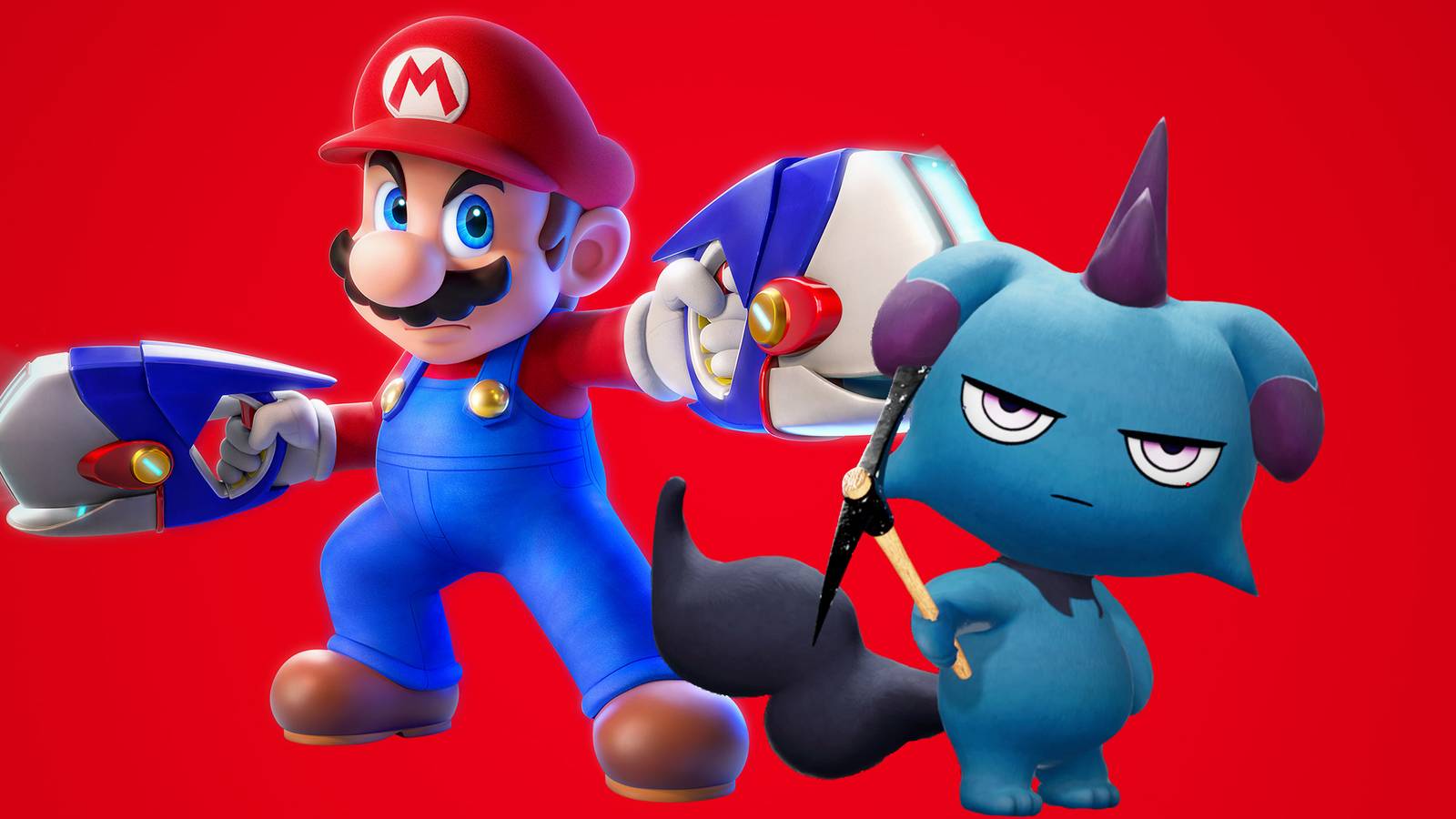 Super Mario and Palworld Pal Depresso on red background 2x1 composite