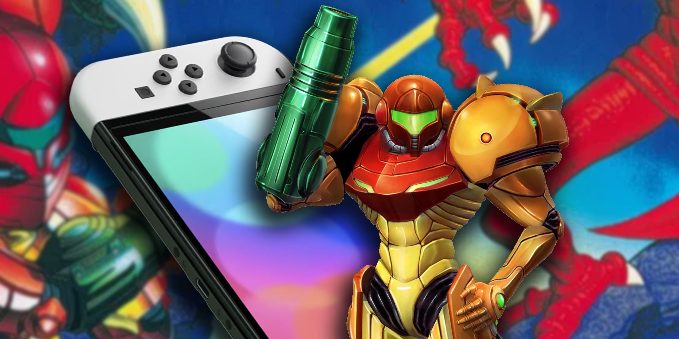 Samus Aran and Switch OLED in front of Super Metroid box art