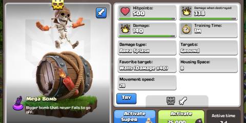 Clash of Clans Super Wall Breaker next to a display of its stats 