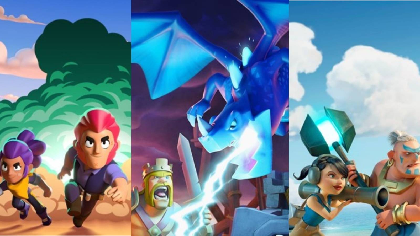 Shelly and Colt from Brawl Stars running away from an explosion behind them, the Barbarian King screaming at an Electro Dragon in Clash of Clans, and a bazooka and warrior from Boom Beach.
