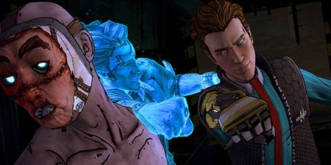 Tales from the Borderlands - Rhys punching a man with the help of Handsome Jack's hologram