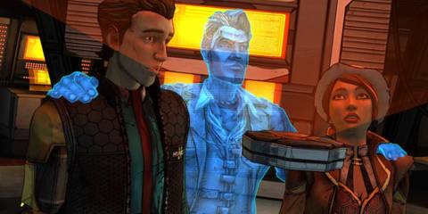 A Handsome Jack hologram talking to Rhys and Fiona