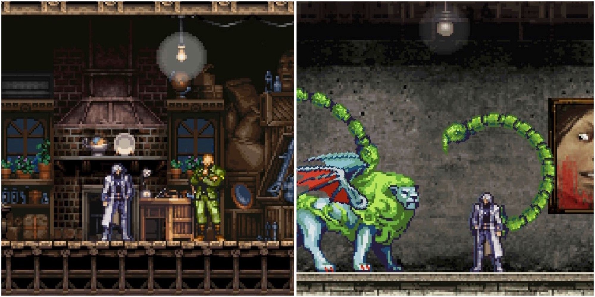 Talking to Hammer and fighting a manticore in Castlevania Dawn of Sorrow