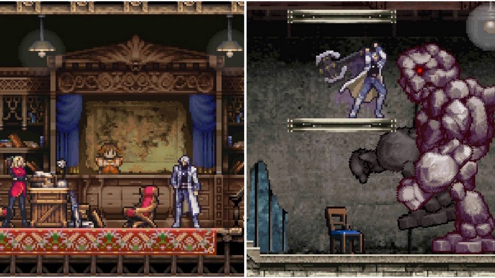Talking to Yoko and fighting a golem in Castlevania Dawn of Sorrow