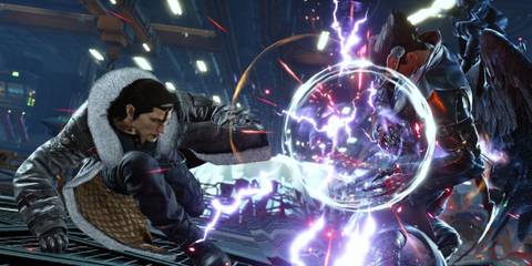 A dynamic action scene from Tekken 8 featuring Sergei Dragunov in a combat pose, wearing a fur-collared coat and executing a powerful move against another character