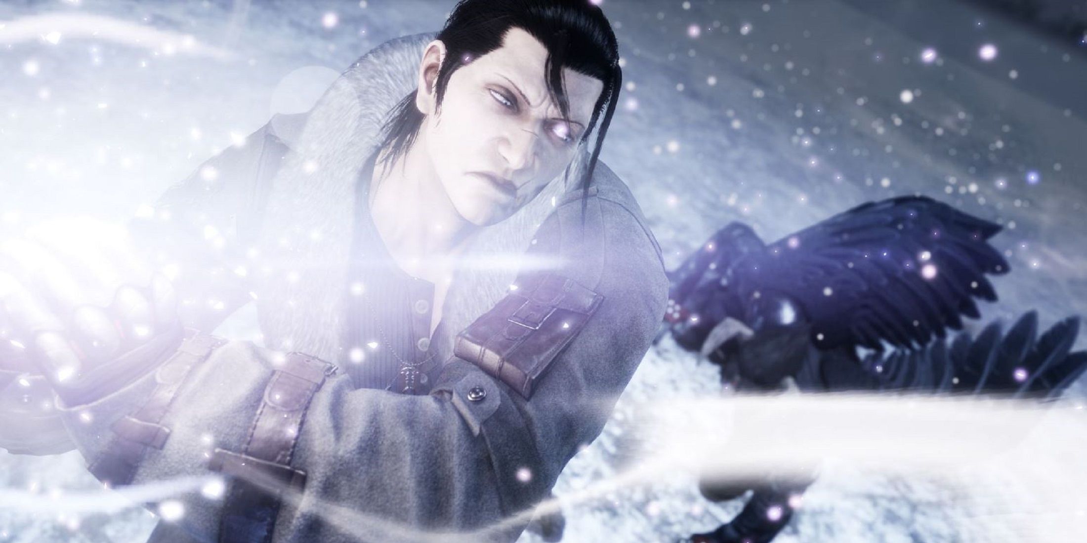 Sergei Dragunov from Tekken 8 surrounded by a mystical, snowy aura, executing a powerful move