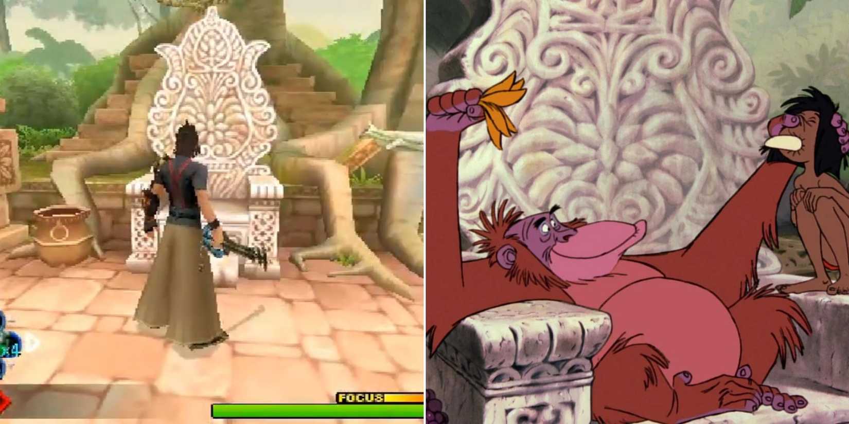 Terra visits King Louie's throne in the scrapped Jungle Book world, and King Louie welcomes Mowgli in the animated movie.