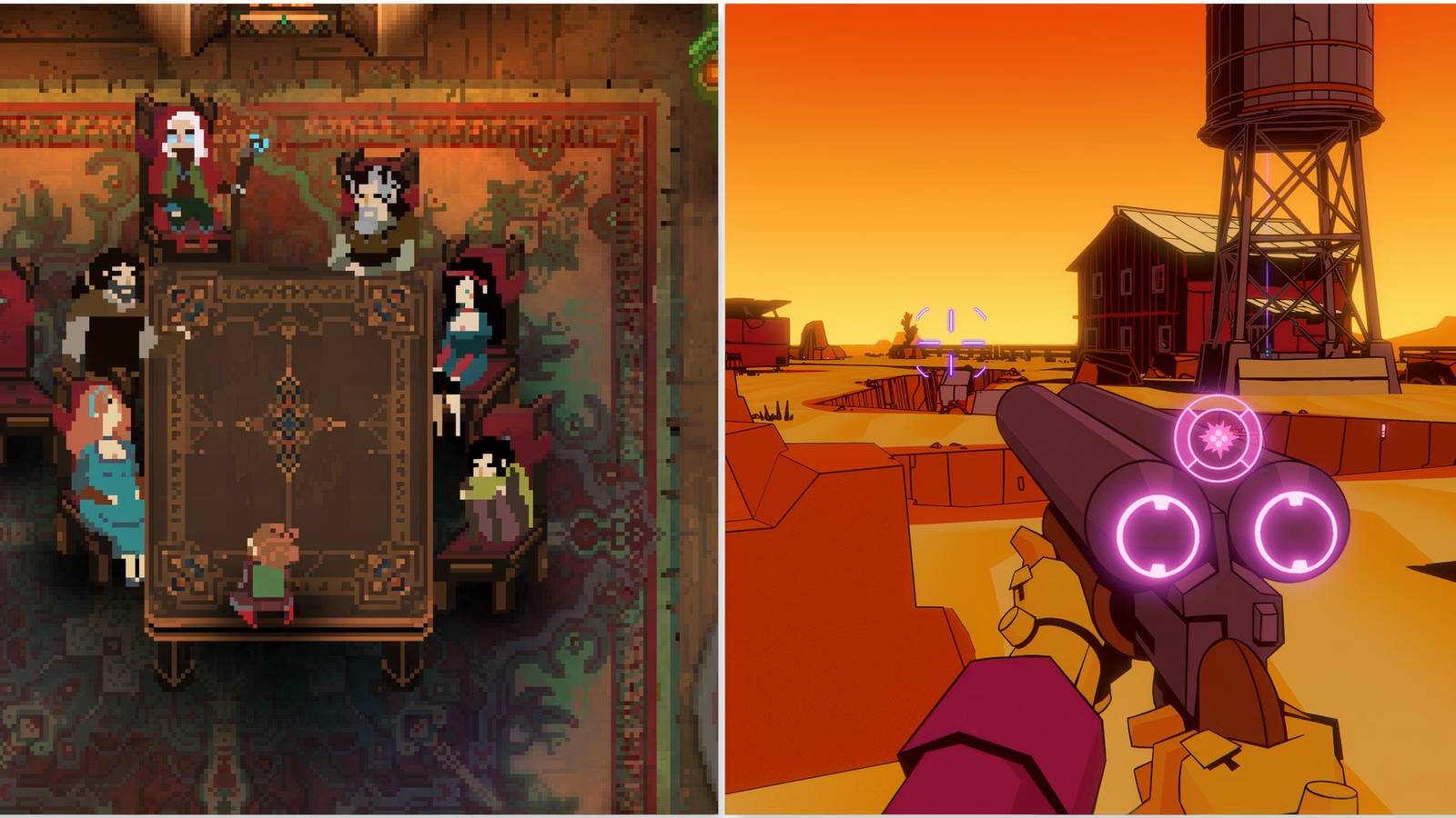 The Bergsons at a table in Children Of Morta and exploring a level as Casino in Wild Bastards