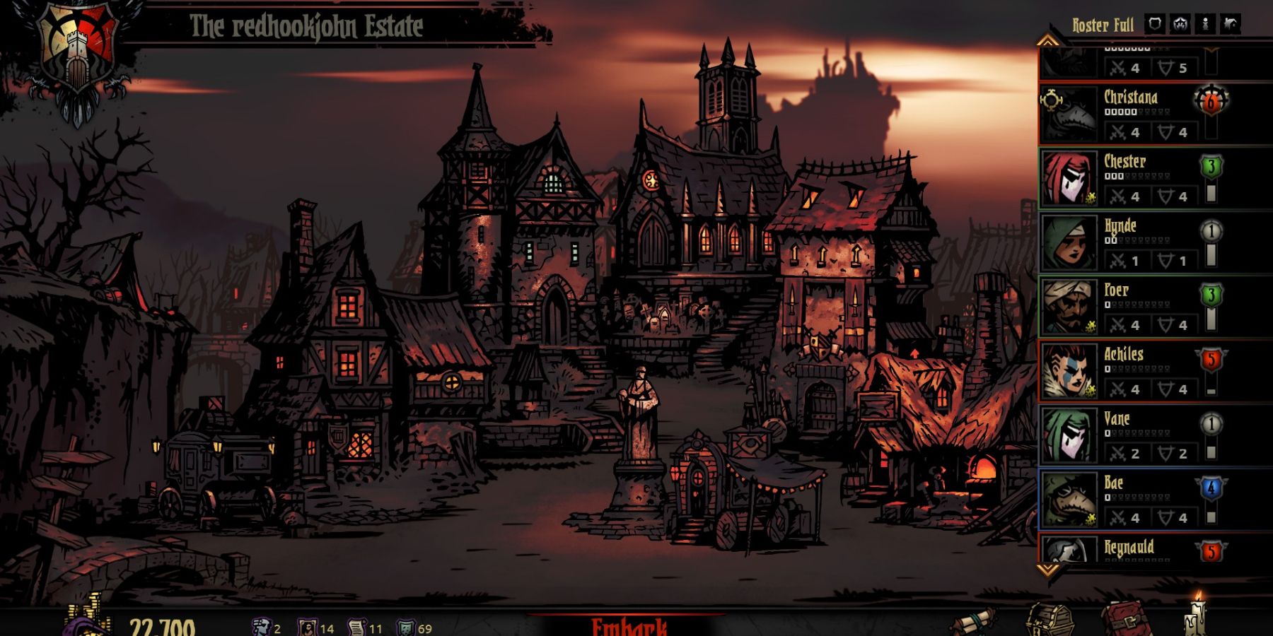 The hamlet in Darkest Dungeon, a dark fantasy setting filled with heroes preparing for quests-1