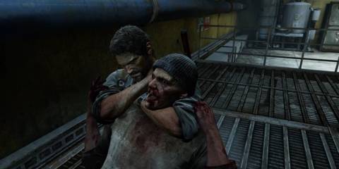 Joel stealthily takes down an infected in a tense combat scene from The Last of Us, showcasing his survival skills.
