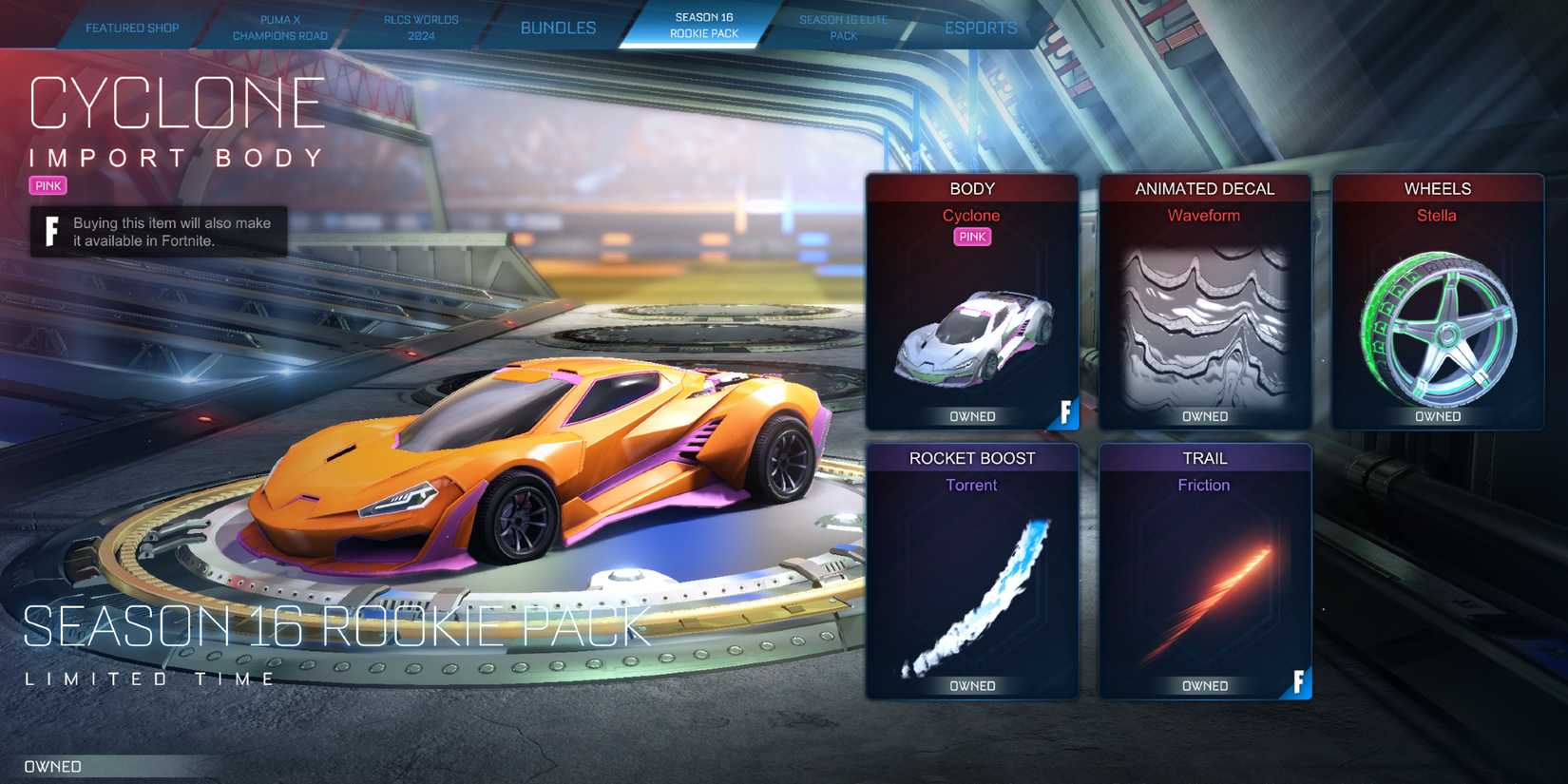 Screenshot showcasing the Season 16 Rookie Pack for Rocket League 