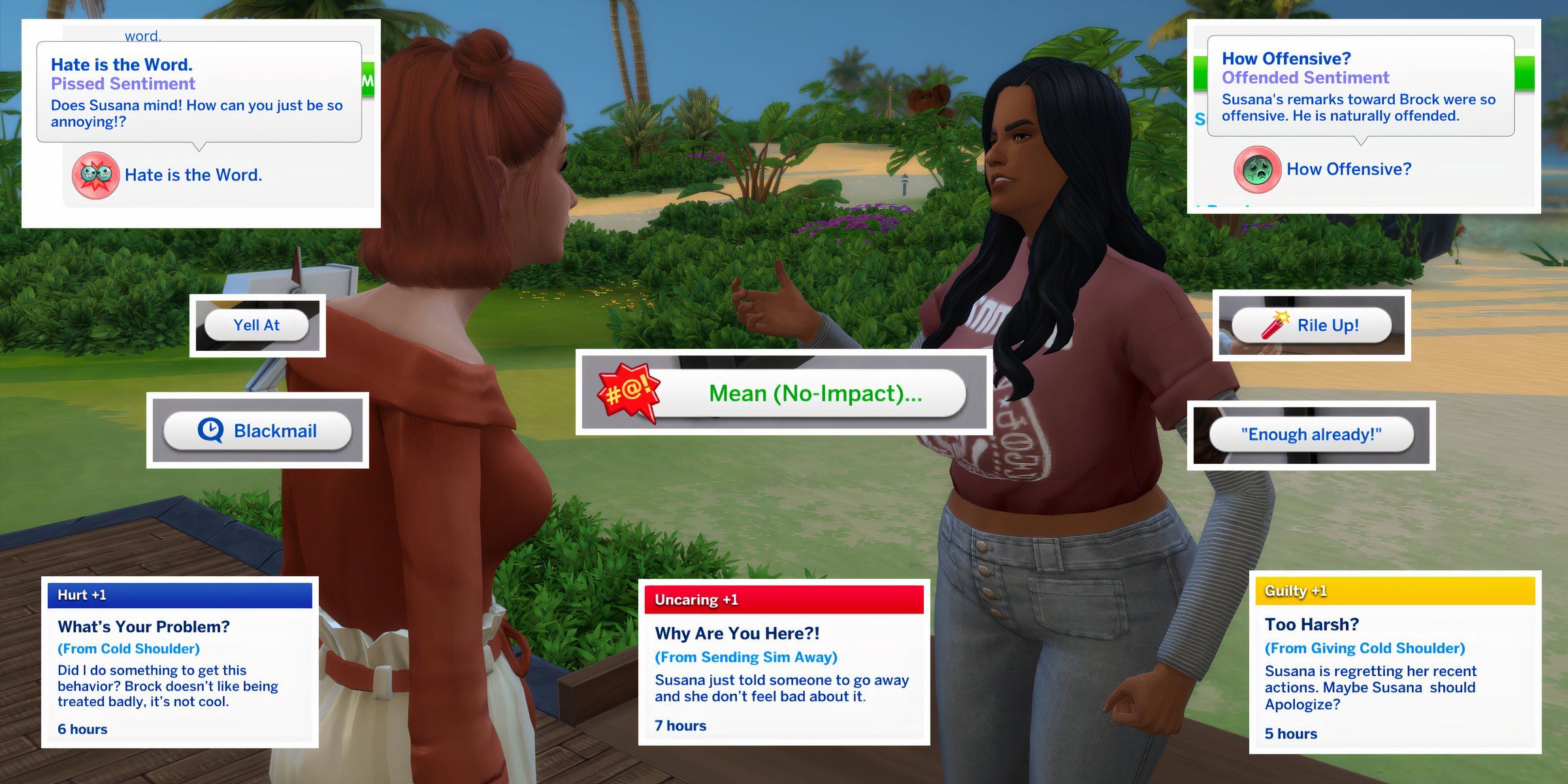 New and old mean interactions from the Mean (No-Impact) Interactions mod that don't affect social relationships