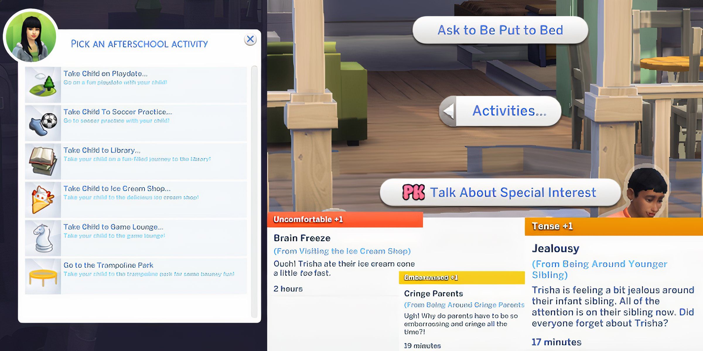 New activities, interactions, and moodlet buffs from the PlumKidz mod