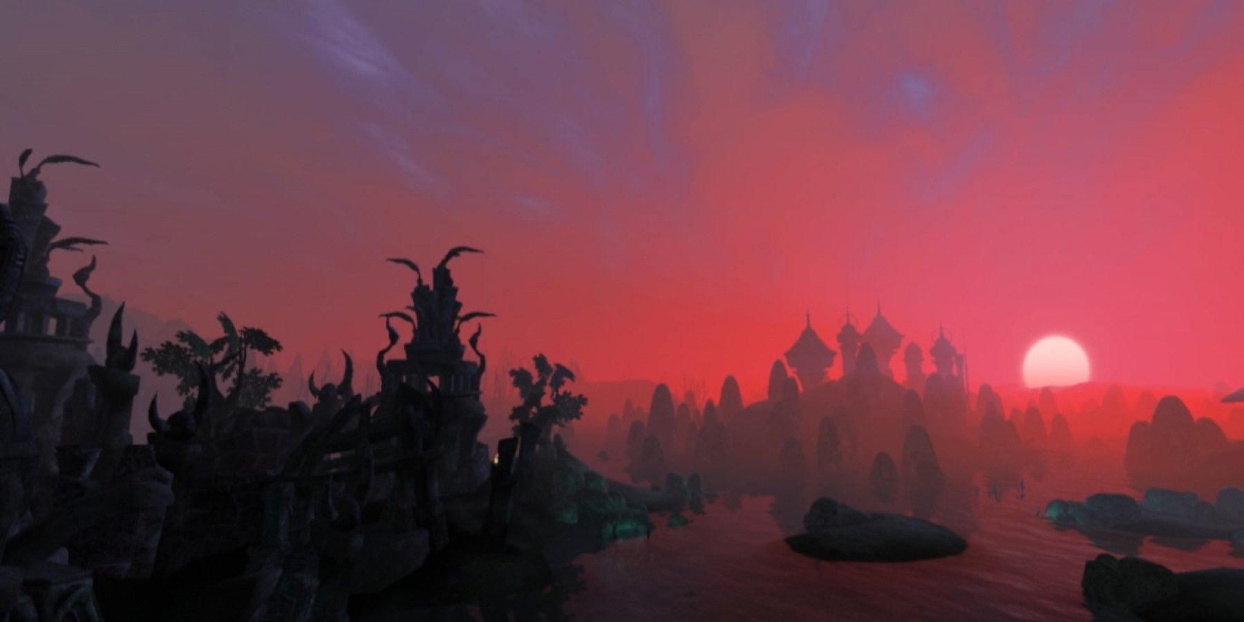 The Sun Setting Highlighting The Ruins Of Morrowind