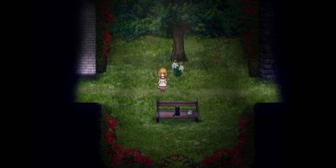 A blonde girl stands behind a black cat on a bench outside