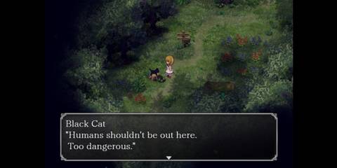 A black cat tells a young blonde girl that humans shouldn't be outside