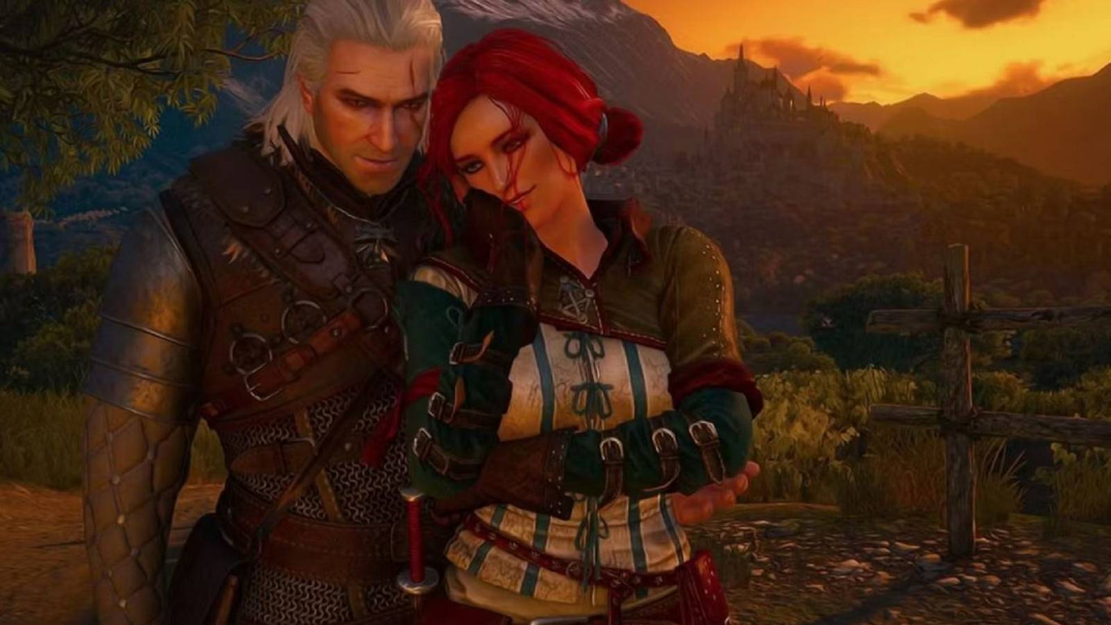 Geralt and Triss sharing a tender moment during sunset in The Witcher 3: Wild Hunt, with a picturesque landscape in the background.